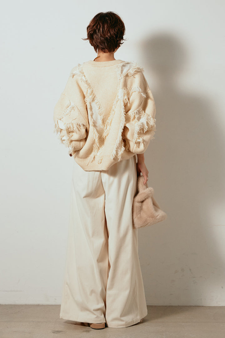 [SET]シャギージャガードニットトップス+太ベルト付きコーデュロイタックパンツ(2set)