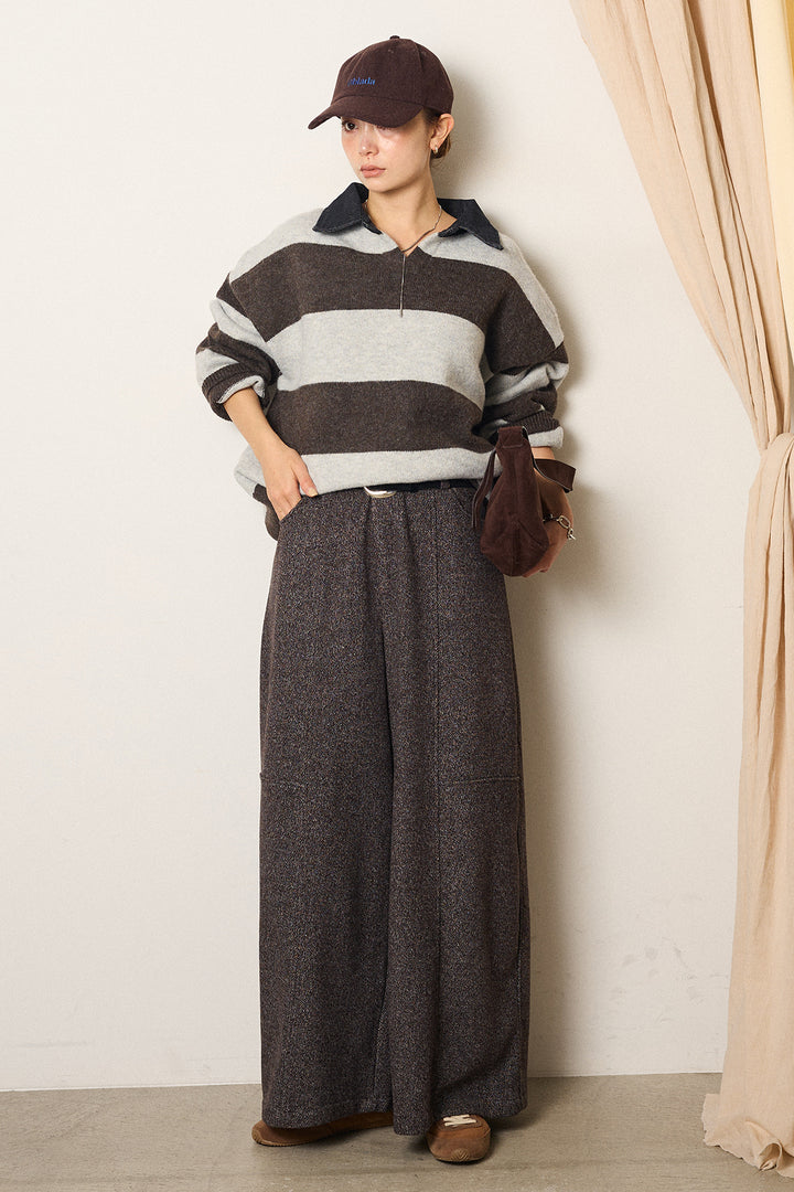 [SET]デニムカラーボーダールーズニット+太ベルト付きツイードワイドパンツ(2set)
