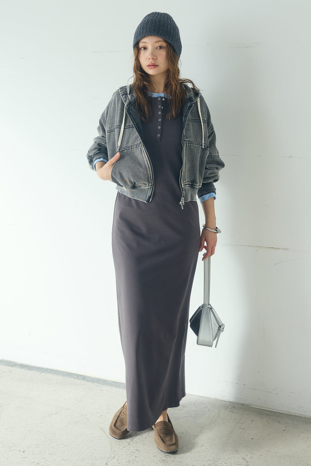 [SET]デニムダブルジップパーカーブルゾン+レイヤード見えヘンリーネックロングワンピース(2set)
