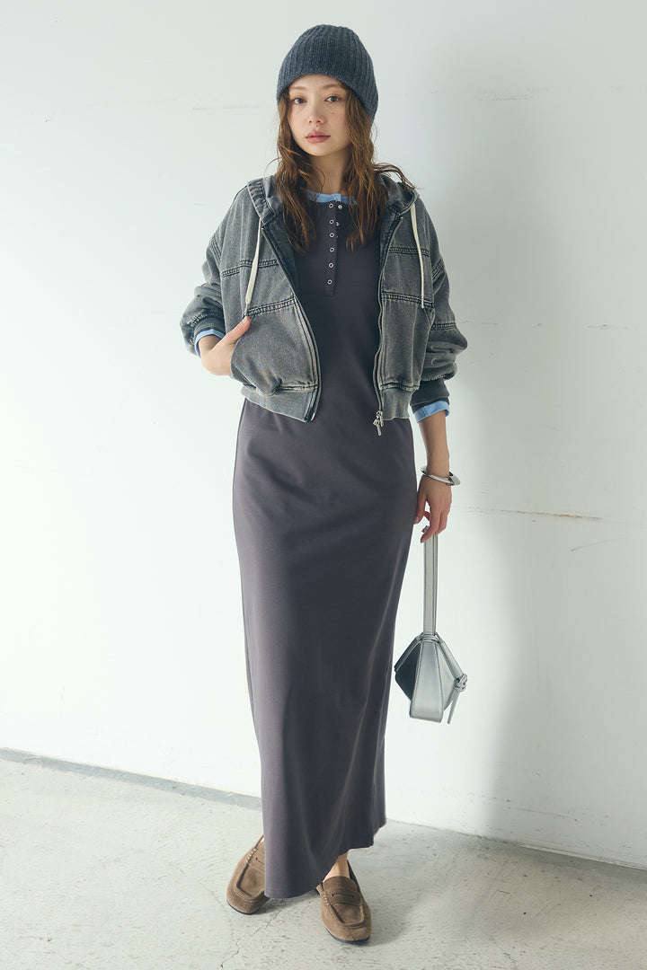 [SET]デニムダブルジップパーカーブルゾン+レイヤード見えヘンリーネックロングワンピース(2set)