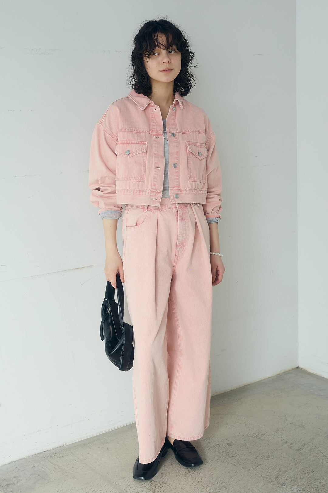 [SET]カラーデニムショート丈Gジャンジャケット+カラーデニムタックカーブパンツ(2set)