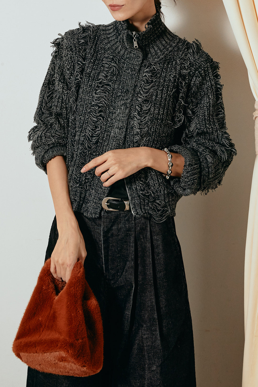 [SET]ハイネックフリンジジップニットトップス+フロントタック入りコーデュロイパンツ(2set)