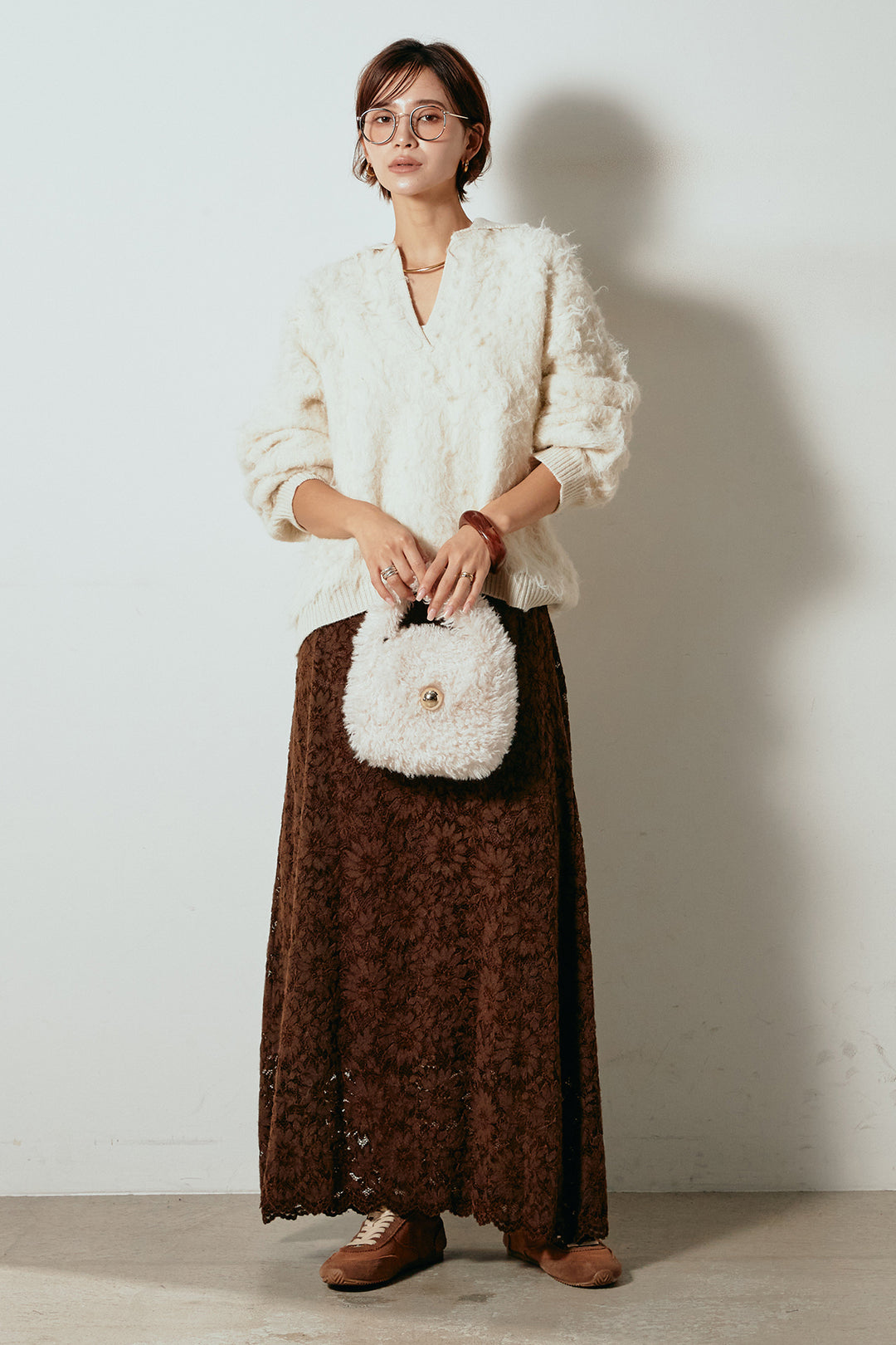 [SET]襟付きシャギーニットポロトップス+花柄刺繍ベロアフレアスカート(2set)