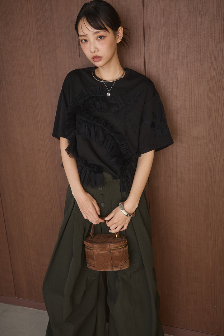 [SET]チュールモチーフデザインTシャツ+ボタンデザインニーサイドタックパンツ(2set)