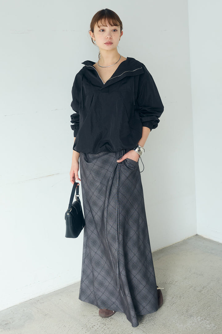 [SET]ナイロンフーディーブルゾンアウター+タータンチェック柄フロントデザインスカート(2set)