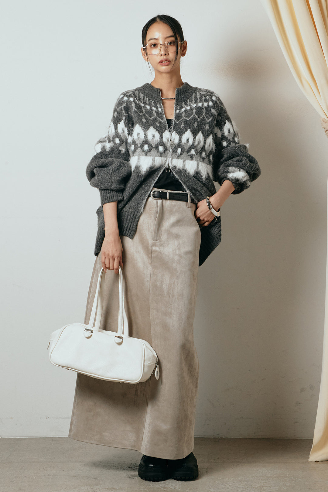 [SET]起毛ダブルジップパターンニットカーディガン+エコスウェードワイドスカート(2set)