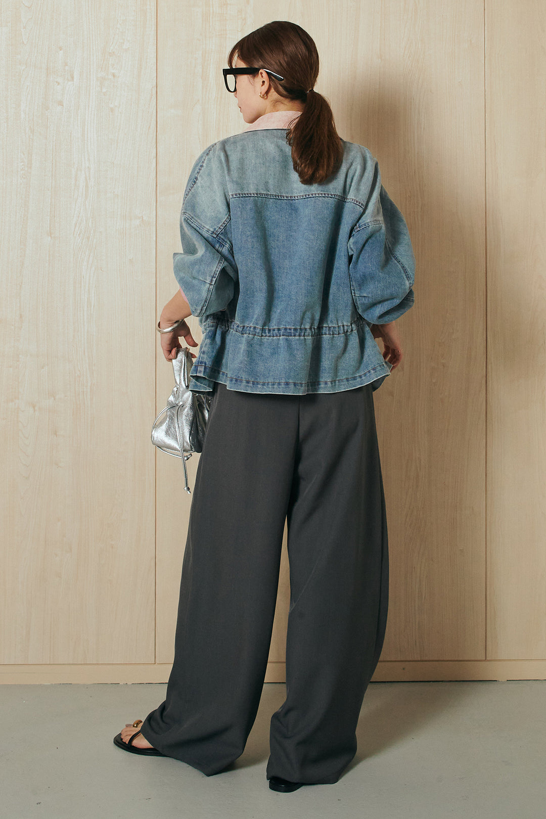 [SET]襟付き配色デニムブルゾン+ビックベルトループタックベルト付きワイドパンツ(2set)