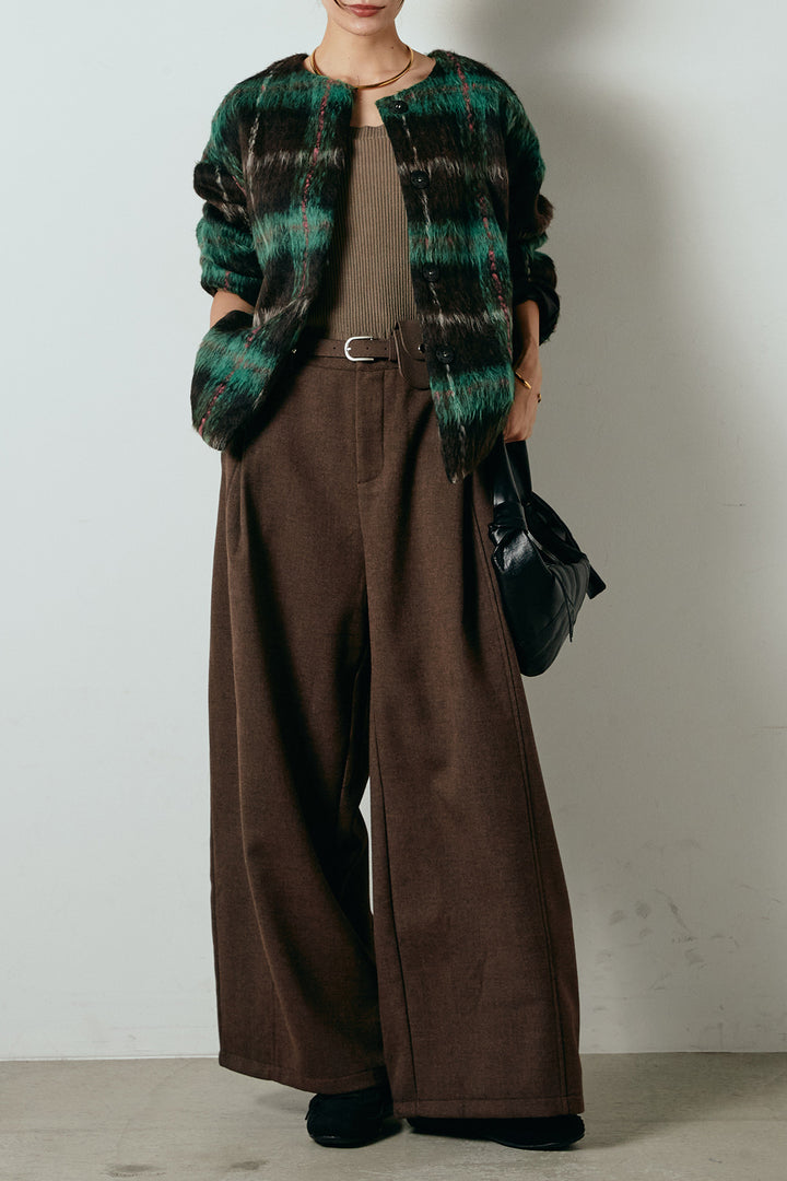 [SET]ノーカラーシャギーチェックアウター+ポーチベルト付きカーブパンツ(2set)