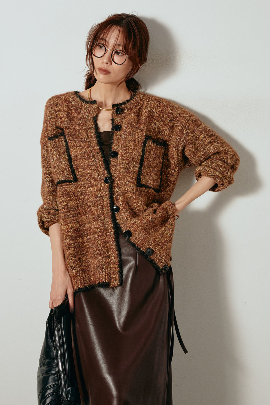 [SET]ミックスニットポケットカーディガン+紐付きフェイクレザーワイドスカート(2set)