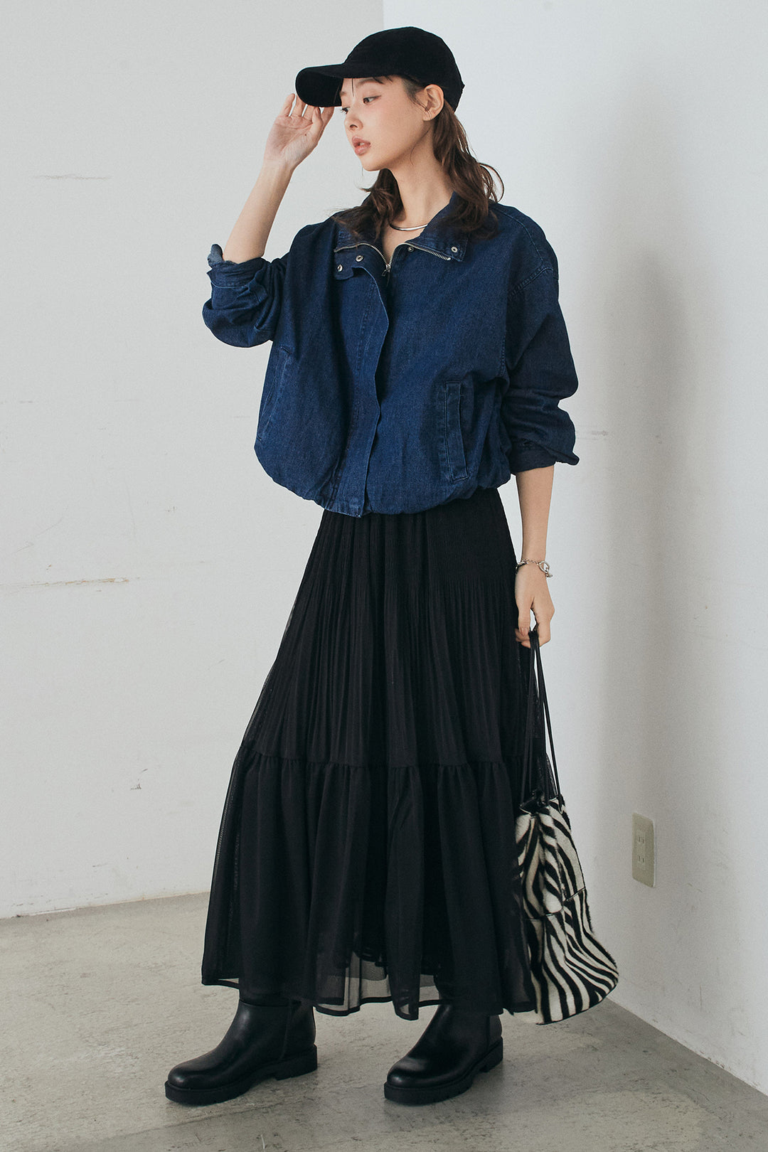 [SET]スタンドカラーデニムブルゾンジャケット+ボリュームシルエットチュールスカート(2set)