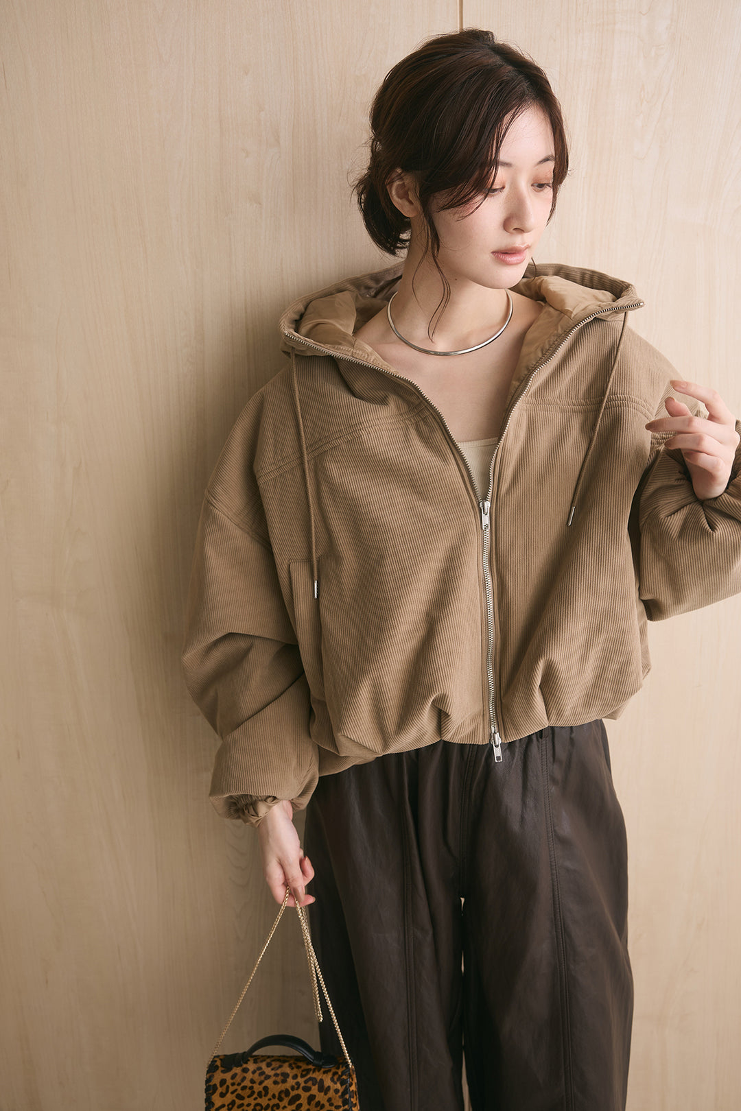 [SET]コーデュロイフーディバルーンブルゾン+フェイクレザーカーブワイドパンツ(2set)