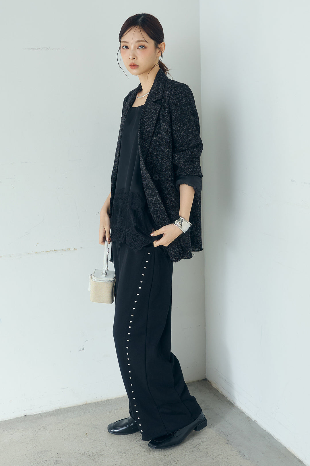 [SET]スラブネップツイードフリンジテーラードジャケット+サイドデザイン入りスウェットパンツ(2set)