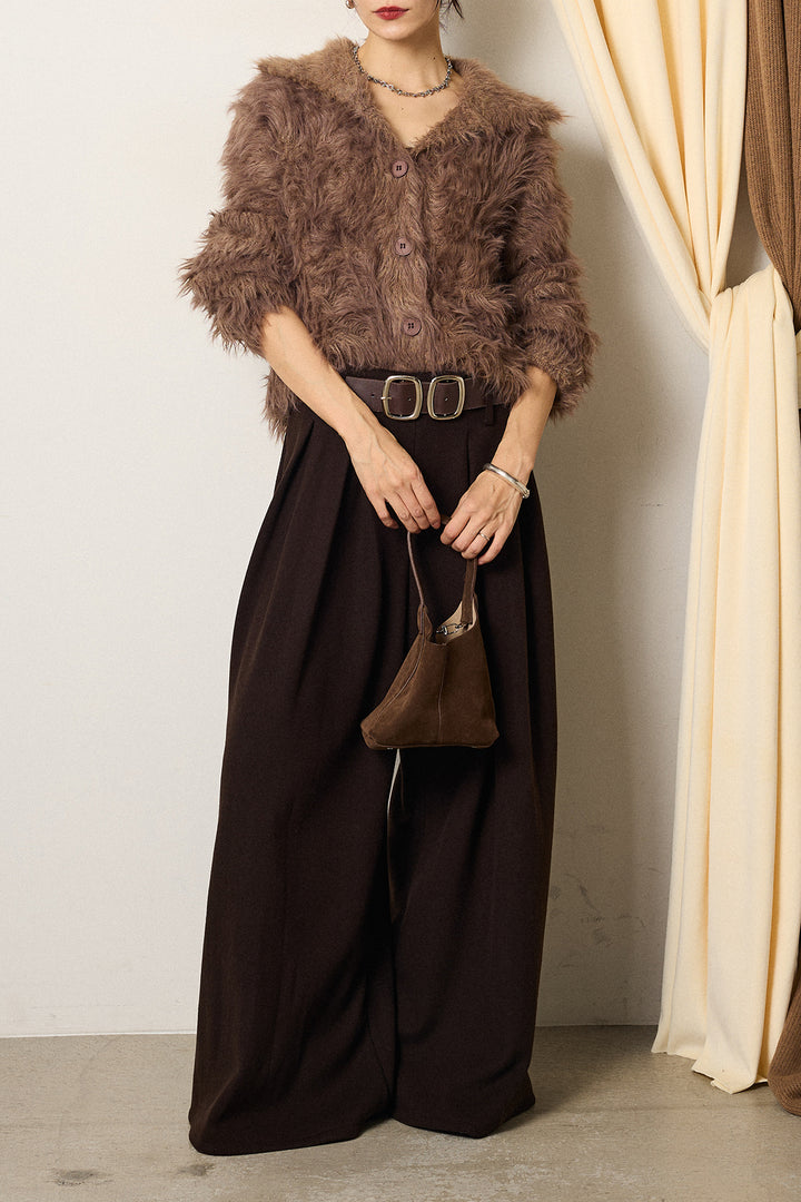 [SET]襟付きシャギーニットカーディガン+フェイクレザー太ベルト付きタックワイドパンツ(2set)