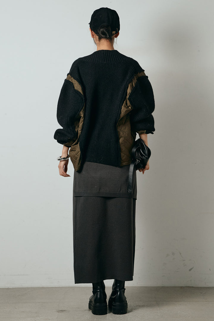 [SET]キルティング切り替えニットカーディガン+ウエストラップ巻きニットスカート(2set)