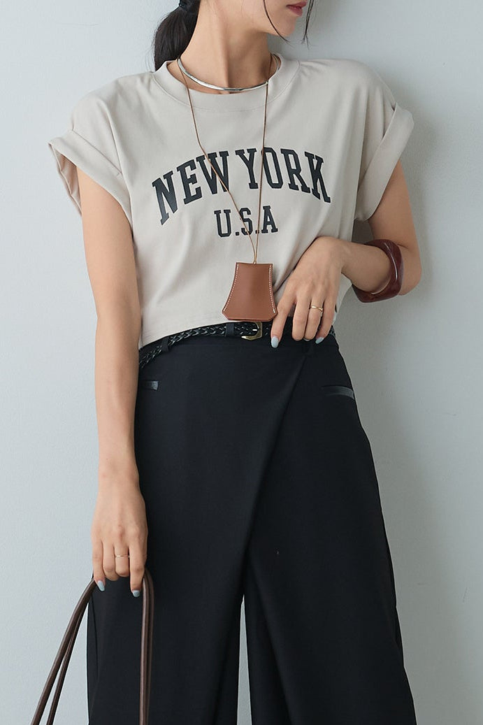 [SET]ショート丈NEWYORKロゴTシャツ+ベルト付きクロスデザインパンツ(2set)