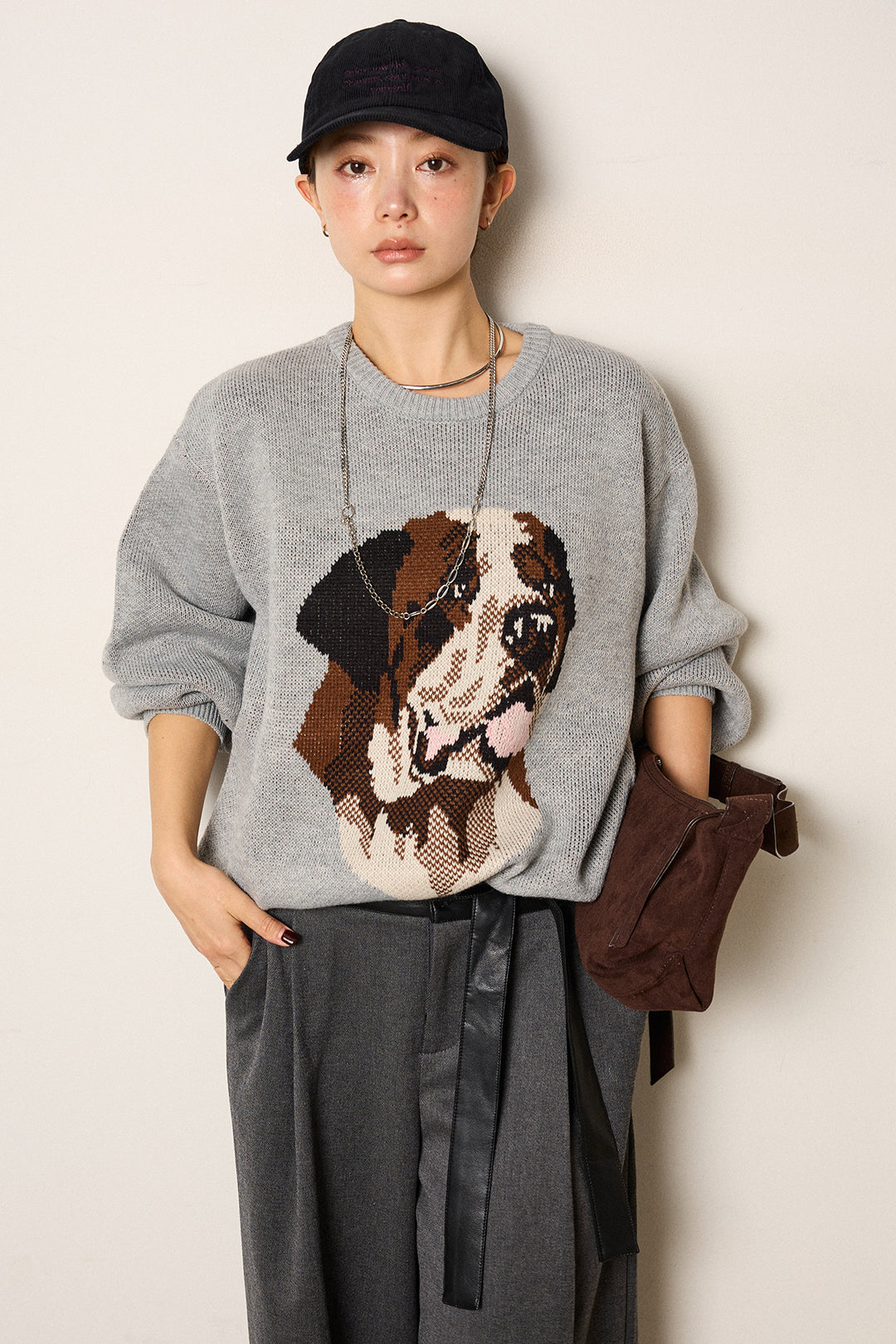 [SET]アニマルジャガード柄ニットトップス+巻ベルトウエストレザーライクワイドパンツ(2set)