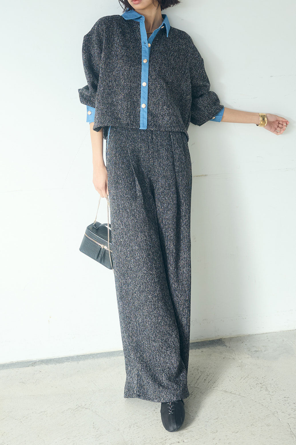 [SET]ツイード×デニムショート丈シャツ+ツイード×デニムハイウエストラインロングパンツ(2set)