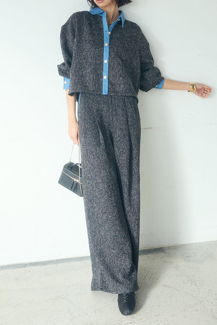 [SET]ツイード×デニムショート丈シャツ+ツイード×デニムハイウエストラインロングパンツ(2set)