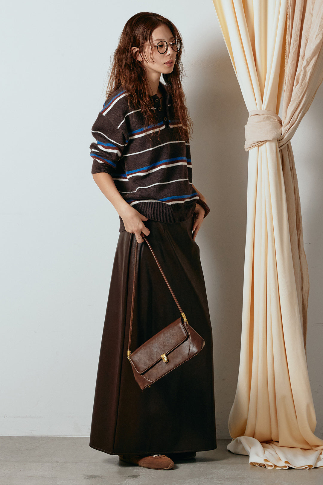 [SET]襟付きマルチボーダーニットポロトップス+紐付きフェイクレザーワイドスカート(2set)