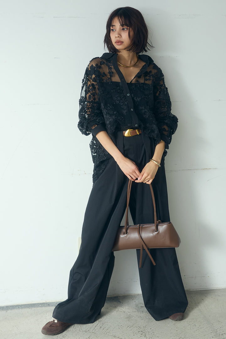 [SET]立体フラワー刺繍レースシャツ+ベルトループデザインハイウエストタックパンツ(2set)