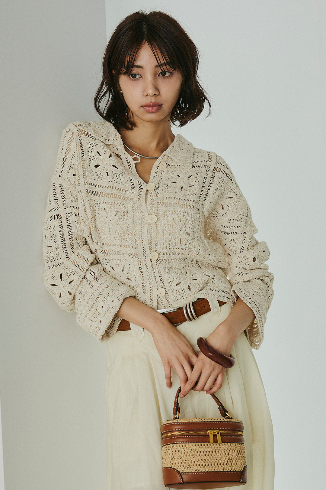 [SET]鍵編みフラワーレースカーディガン+タック入りワイドパンツ(2set)