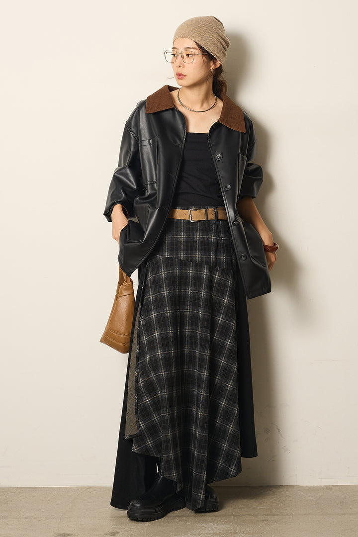 [SET]襟コーデュロイフェイクレザーカバーオール+フェイクレザーベルト付き切り替えタータンチェックスカート(2set)