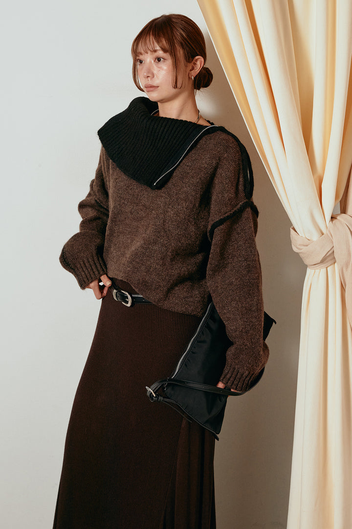 [SET]ハイネックジップデザインニットトップス+サイド切り替えリブニットロングスカート(2set)