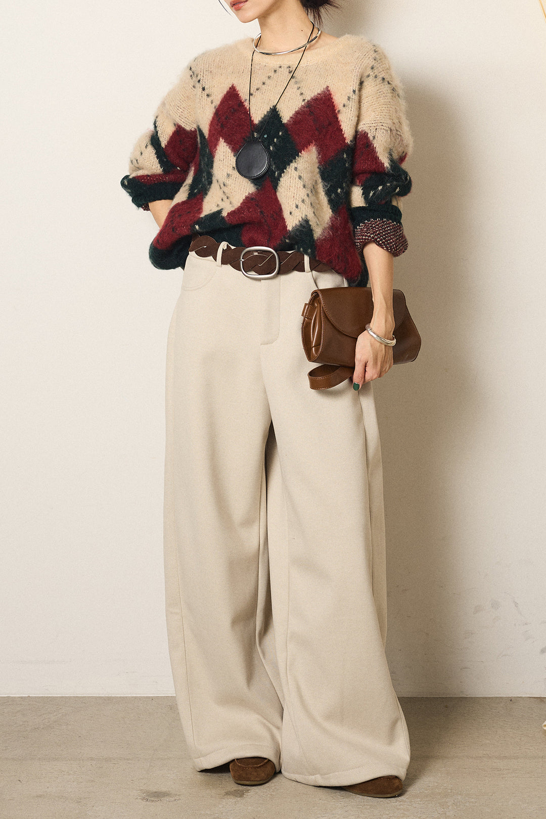 [SET]配色アーガイル柄ニットトップス+編みベルト付きワイドパンツ(2set)