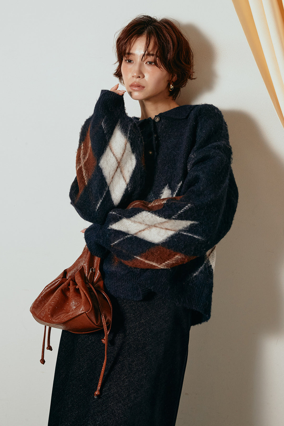 [SET]アーガイル柄ポロニットトップス+スウェードライクロングスカート(2set)