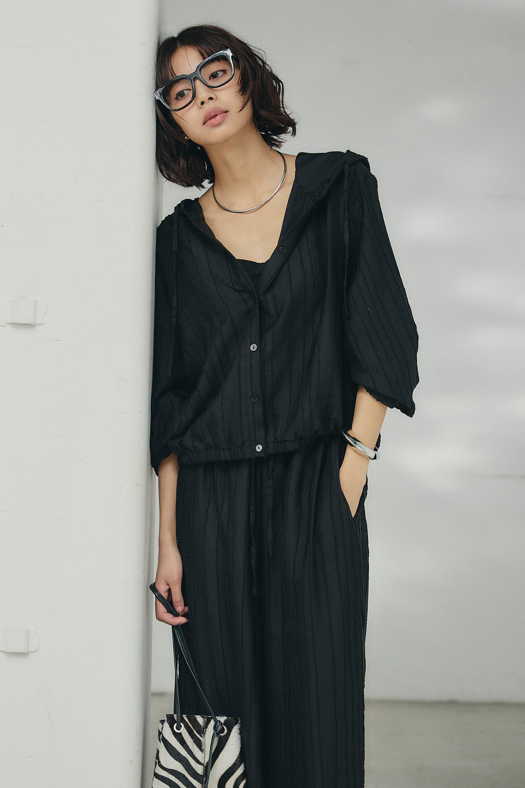 [SET]ストライプジャガードフードシャツ+ストライプジャガードロングイージーパンツ(2set)