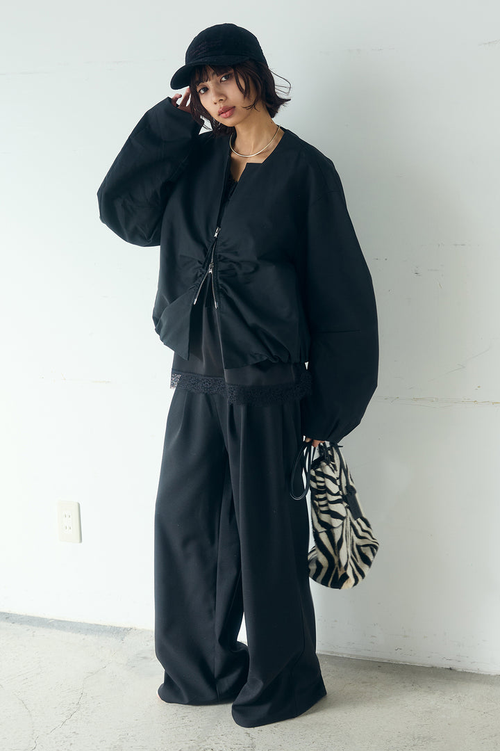 [SET]ノーカラーフロントギャザージップアウター+斜めボタンタック入りスラックス(2set)