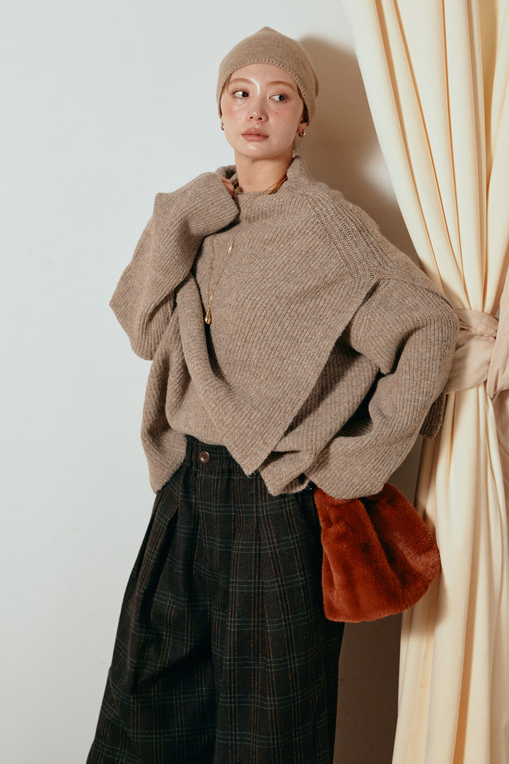 [SET]ケープデザインリブニットトップス+タータンチェック柄タックパンツ(2set)