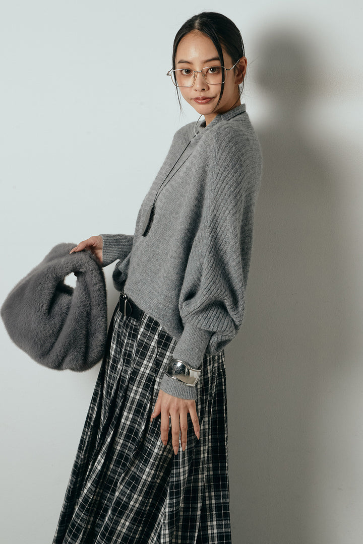 [SET]ポンチョシルエット透かしニットトップス+ベルト付きタータンチェックプリーツスカート(2set)