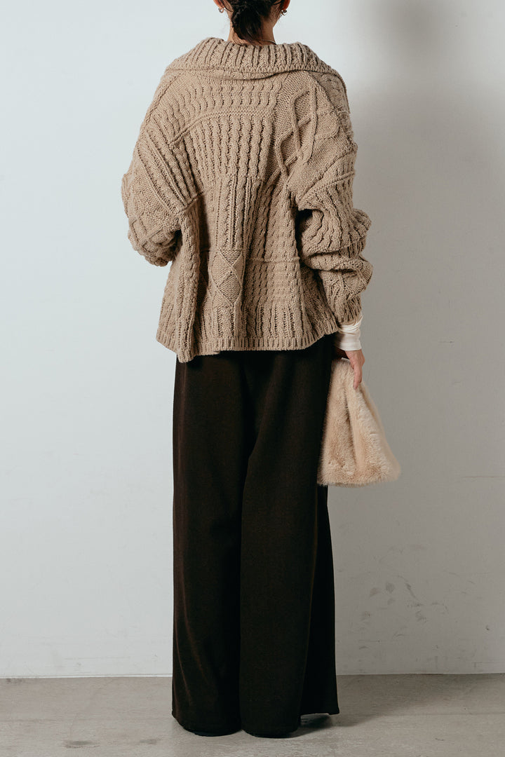 [SET]ビッグカラーケーブル編みニットトップス+2WAY袖コード刺繍クルーネックプルオーバー+フェイクレザー太ベルト付きタックワイドパンツ(3set)