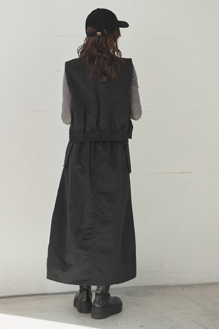 [SET]襟付きナイロンベスト+サイドデザインナイロンスカート+リブシアークルーネック長袖トップス(3set)