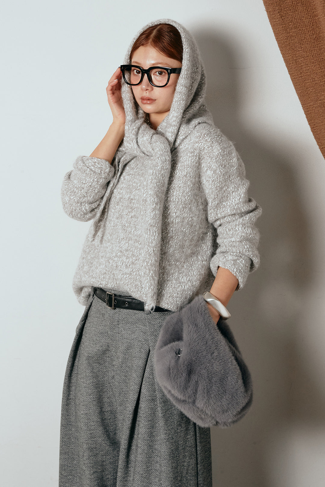 [SET]スカーフ付きミックスニットトップス+細ベルト付き起毛タックワイドパンツ(2set)