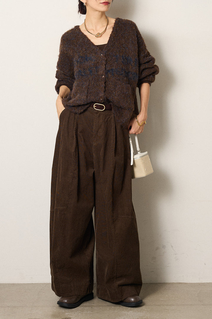 [SET]ウール混透かしロゴニットカーディガン+タック入りコーデュロイワイドパンツ(2set)