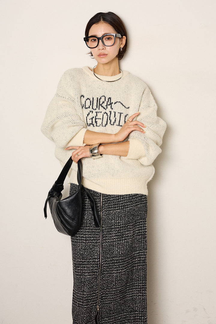 [SET]ロゴシャギーニットプルオーバー+グレンチェック柄フロントジップタイトスカート(2set)