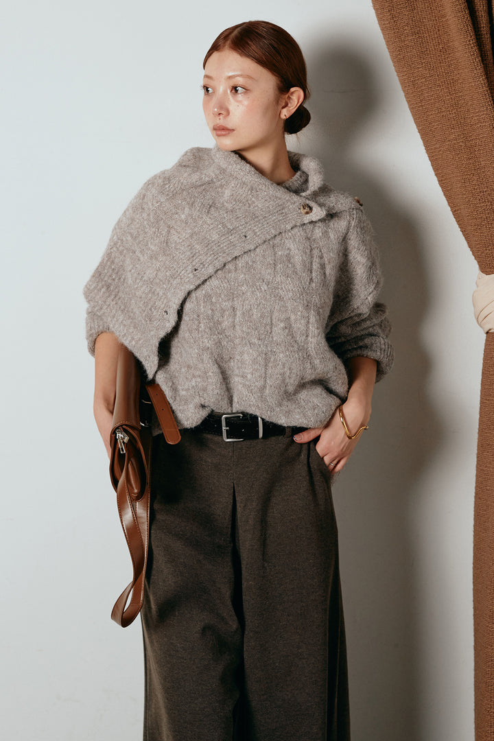 [SET]ケープデザインケーブルニットトップス+ベルト付きフロントタックデザインパンツ(2set)