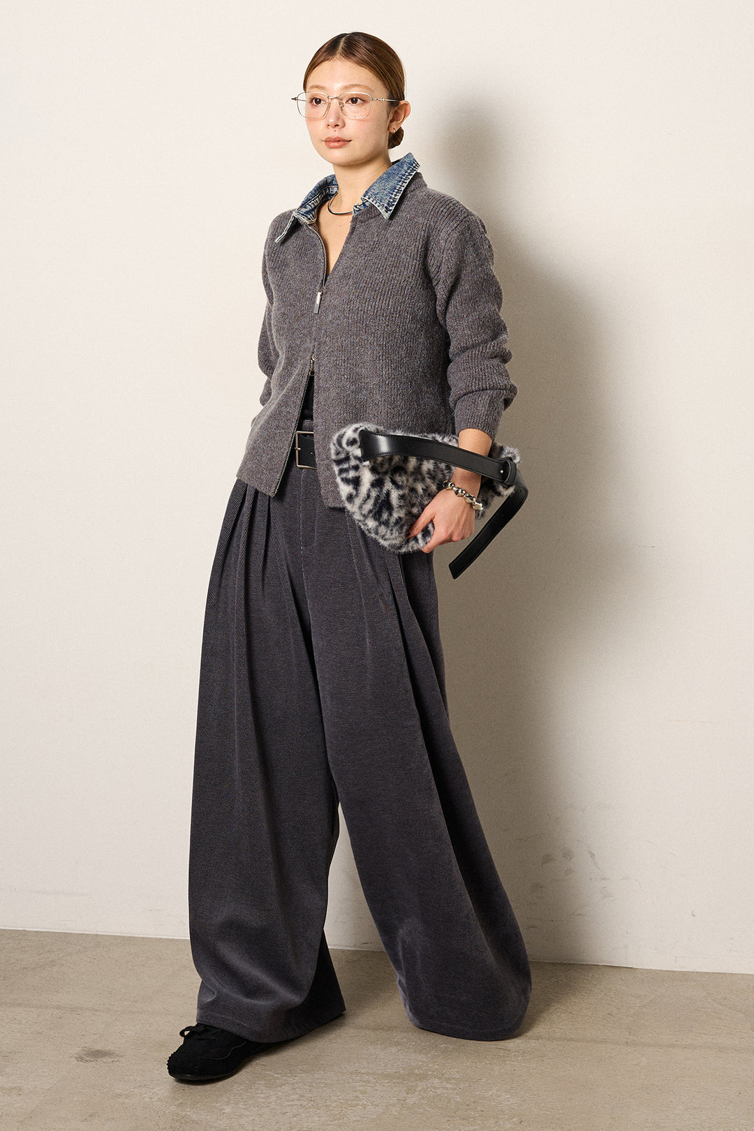 [SET]デニム襟ダブルジップニットトップス+ベルトループコーデュロイワイドパンツ(2set)