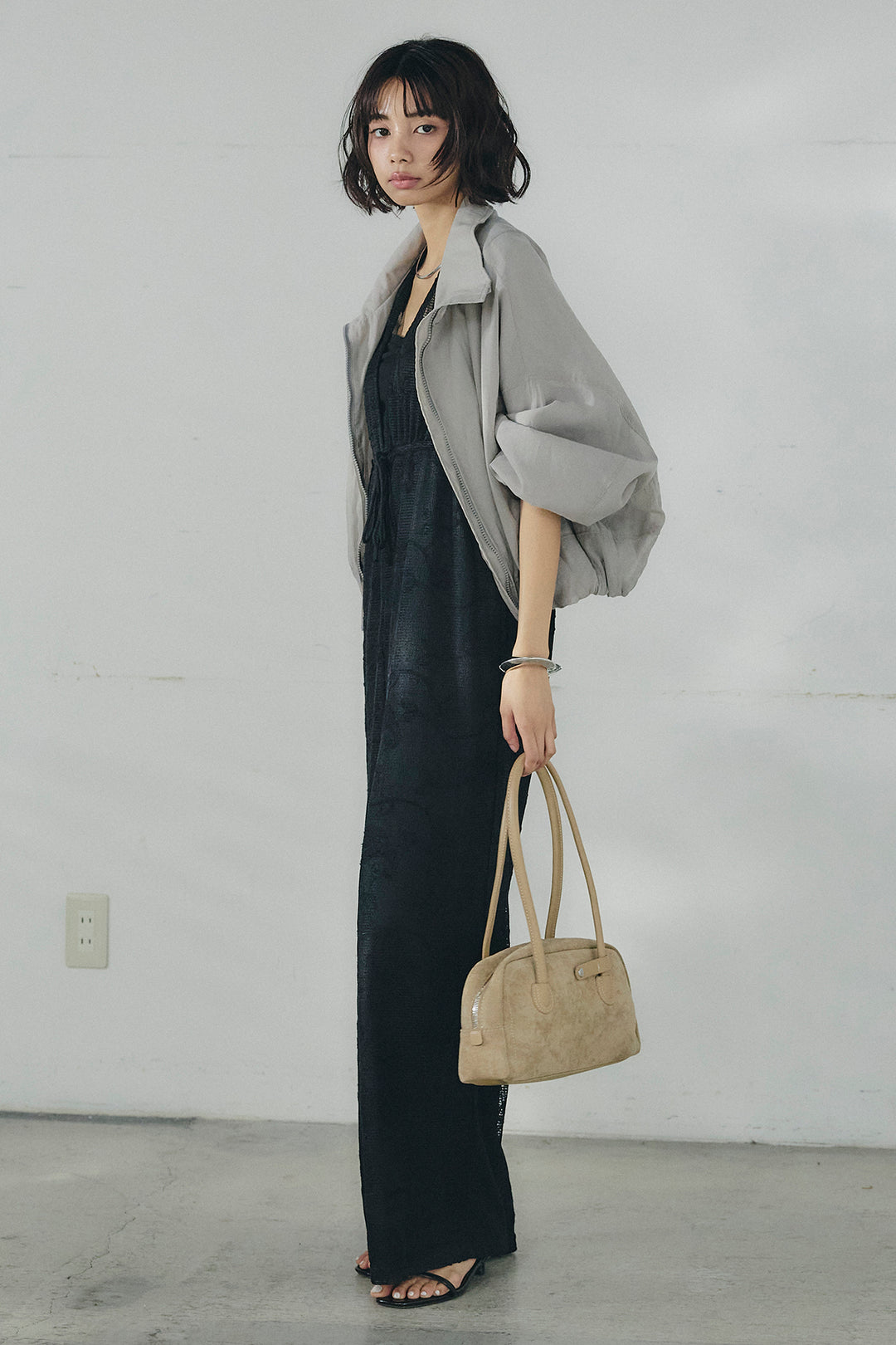 [SET]スタンドネックシアーブルゾン+レースサロペット(2set)