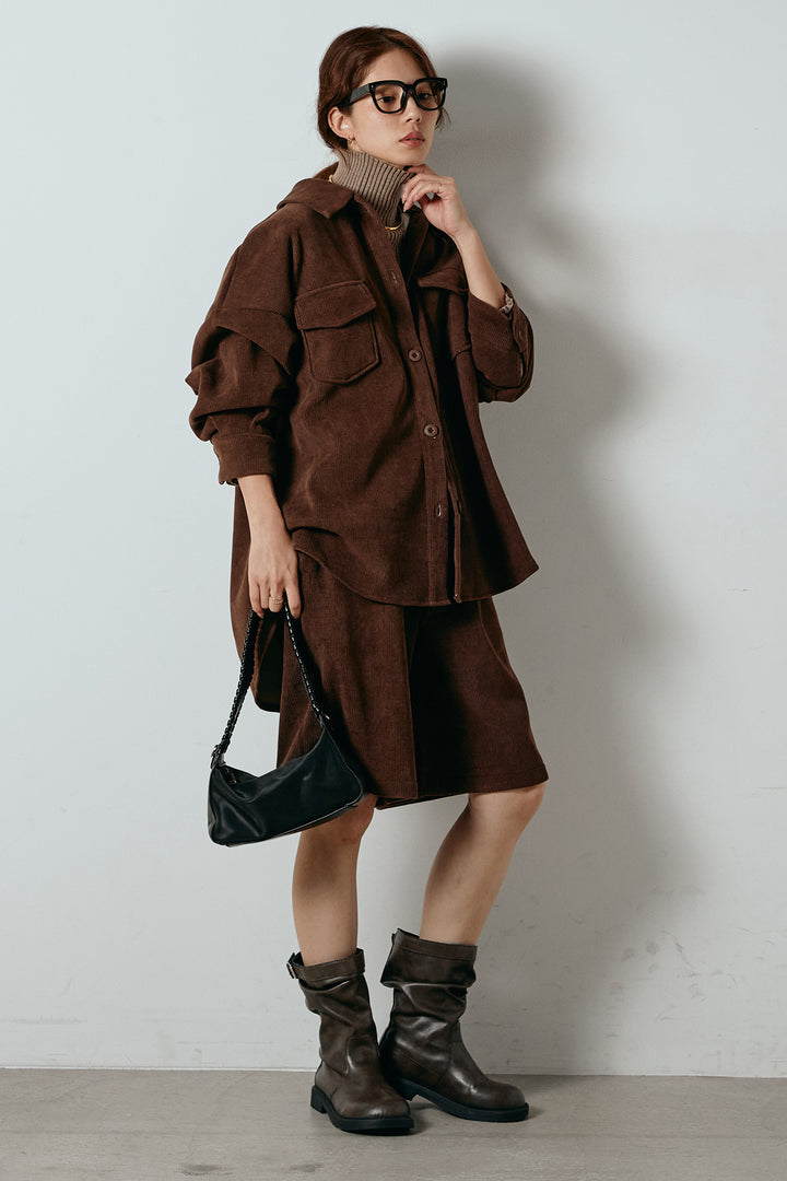 [SET]襟付きコーデュロイポケットシャツ+リブニットシームレスタートルプルオーバー+リラックスコーデュロイハーフパンツ(3set)