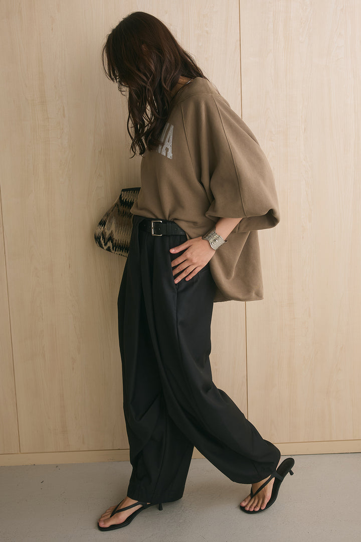 [SET]裏毛パフスリーブロゴスウェット+サイドベルトデザインタックワイドパンツ(2set)