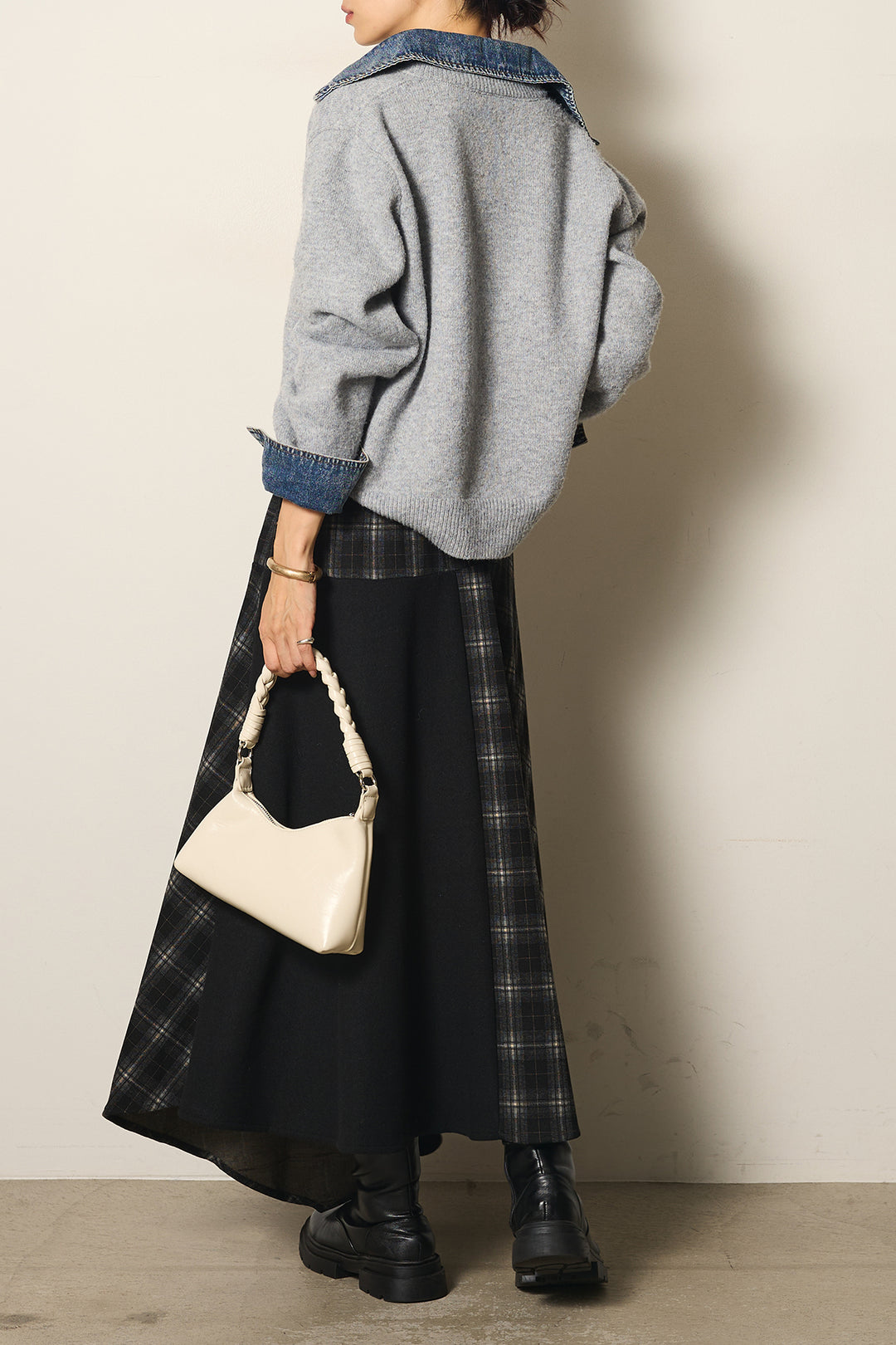[SET]ニットドッキングデニムシャツ+フェイクレザーサイドベルトワイドパンツ+フェイクレザーベルト付き切り替えタータンチェックスカート(3set)