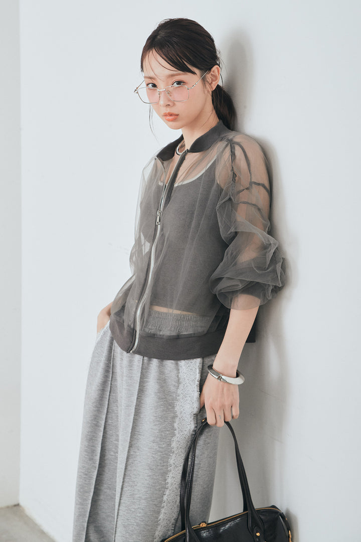 [SET]エアリーチュールスリーブシアーブルゾン+Wフェイスカットソーサイドレースラインパンツ(2set)