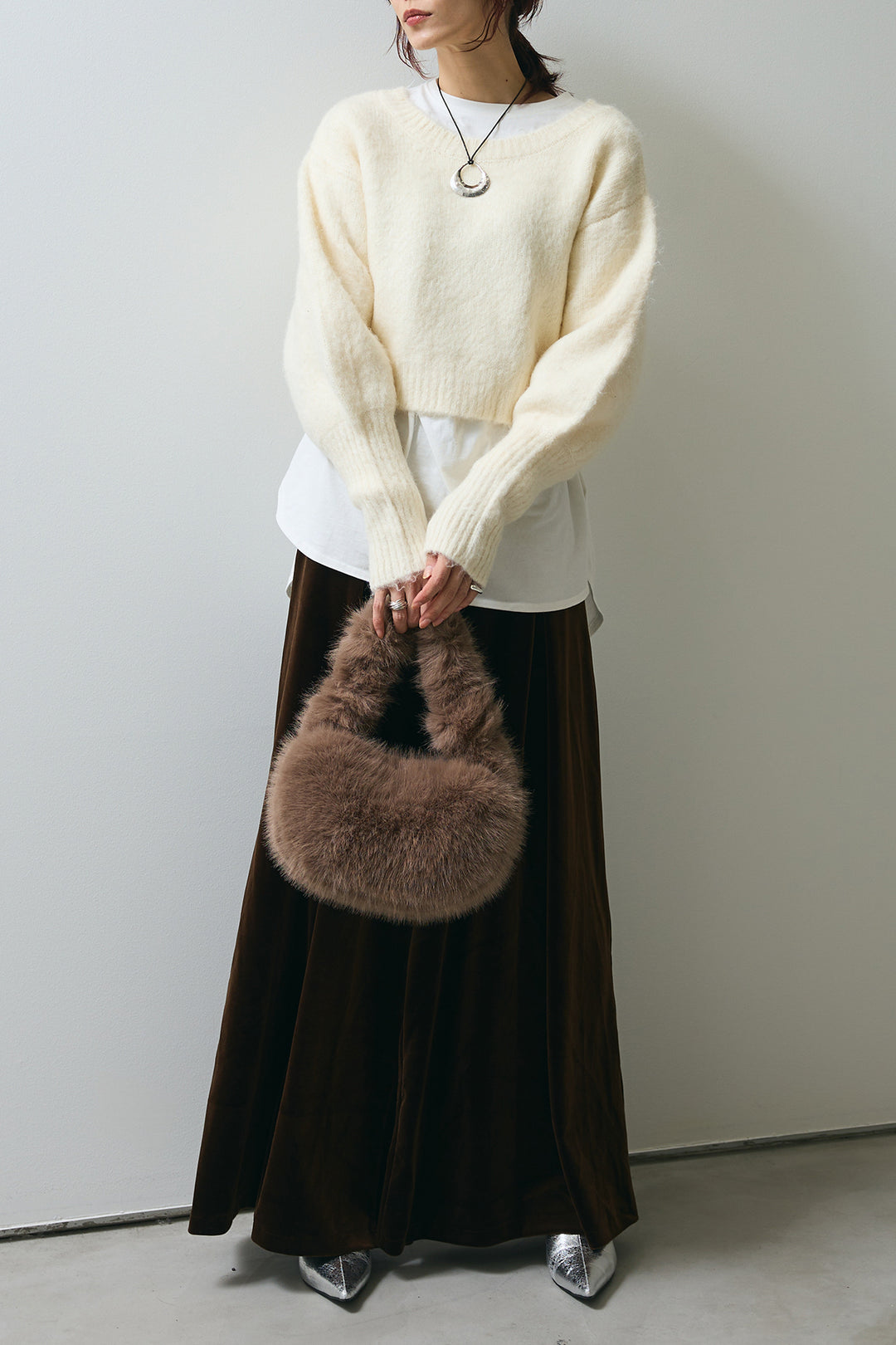 SET]ウール混ショート丈ニットプルオーバー+ベロアタックワイドパンツ  