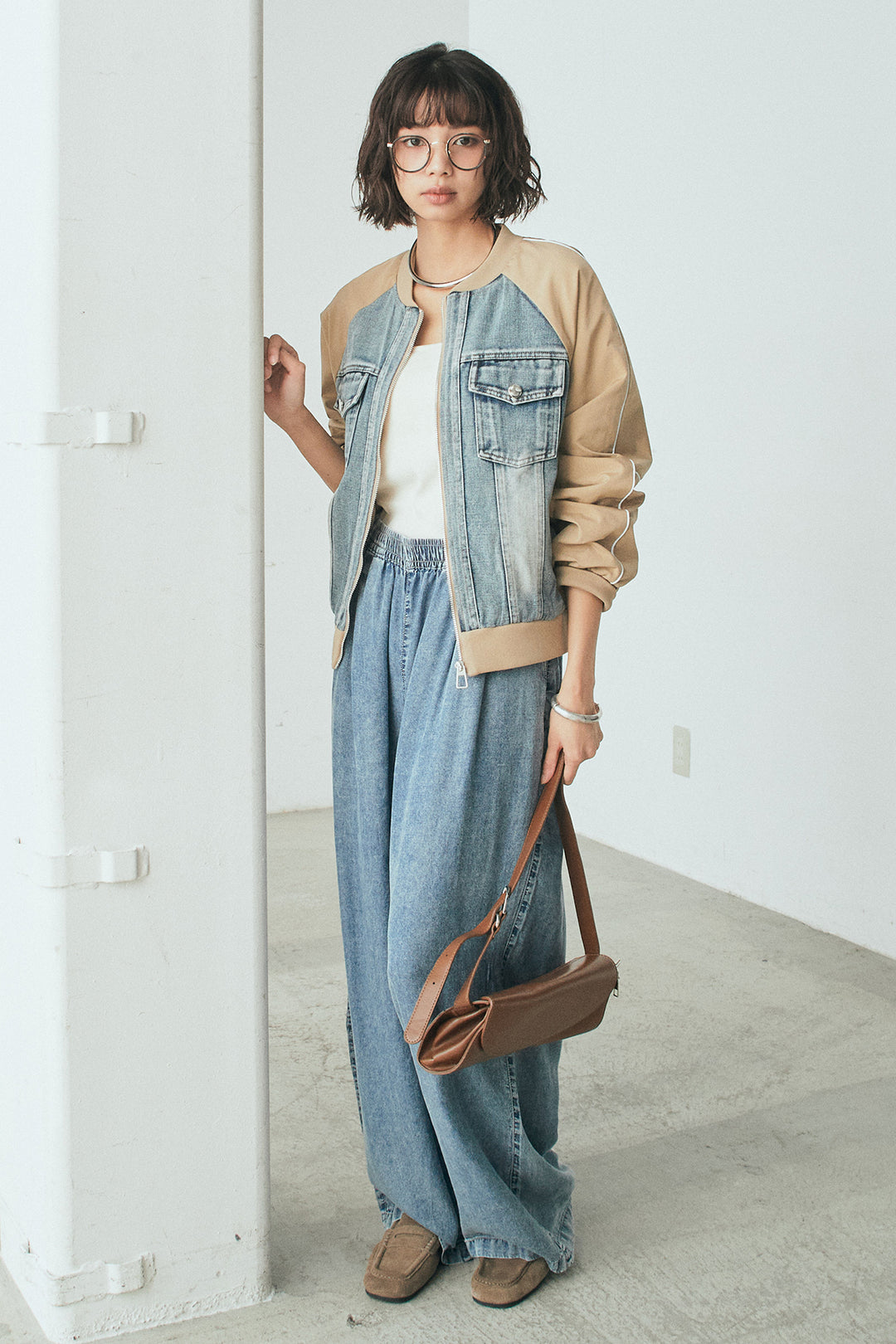 [SET]ナイロンデニムドッキングブルゾン+テンセルデニムイージーワイドパンツ(2set)