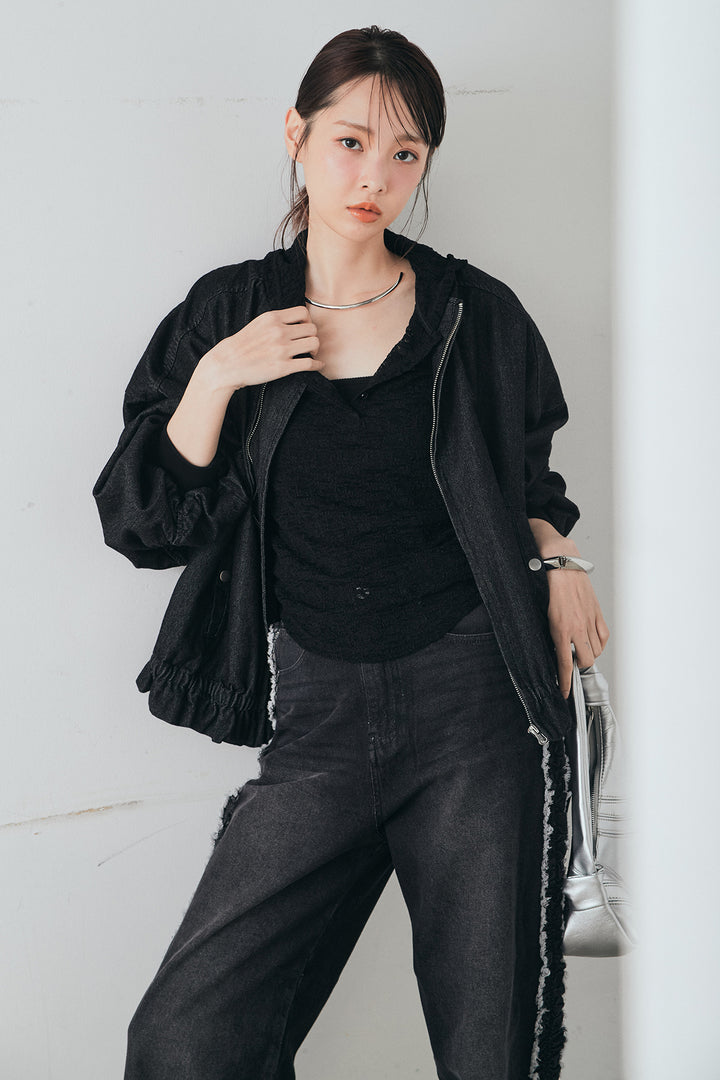 [SET]袖シャーリング裾フリルデニムブルゾン+デニムサイドフリルパンツ(2set)