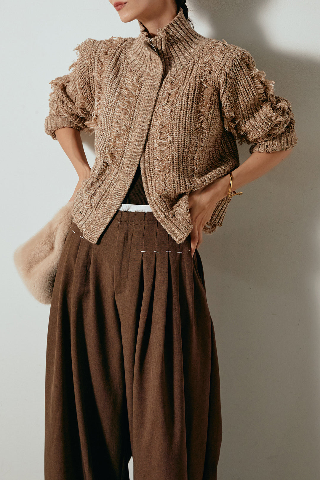 [SET]ハイネックフリンジジップニットトップス+ウエストステッチデザインワイドスラックス(2set)