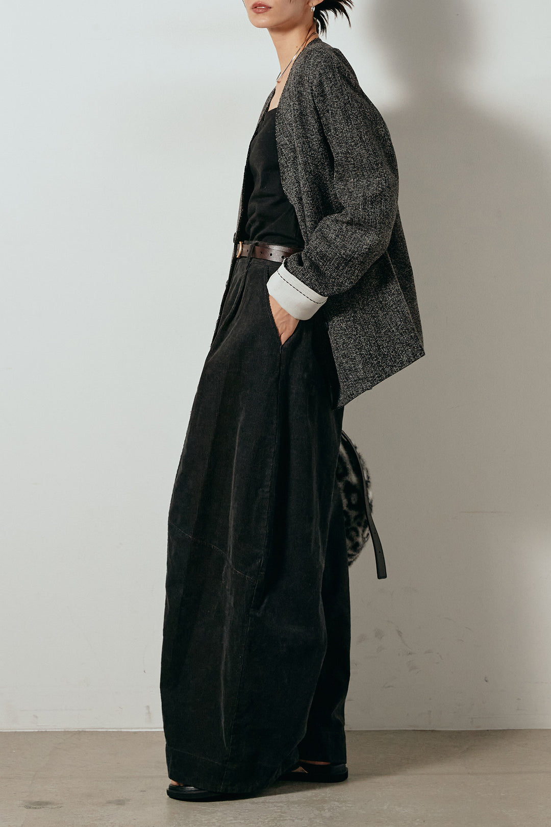 [SET]ノーカラーダブルボタンツイードジャケット+タック入りコーデュロイワイドパンツ(2set)